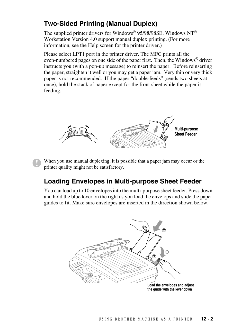 Two-sided printing (manual duplex), Loading envelopes in multi-purpose sheet feeder | Brother MFC-6800 User Manual | Page 99 / 222