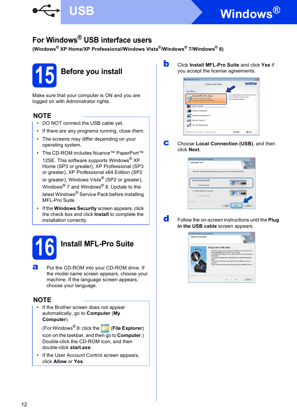15 before you install, 16 install mfl-pro suite, Windows | For windows, Usb interface users, Before you install, Install mfl-pro suite | Brother MFC-J285DW User Manual | Page 12 / 34