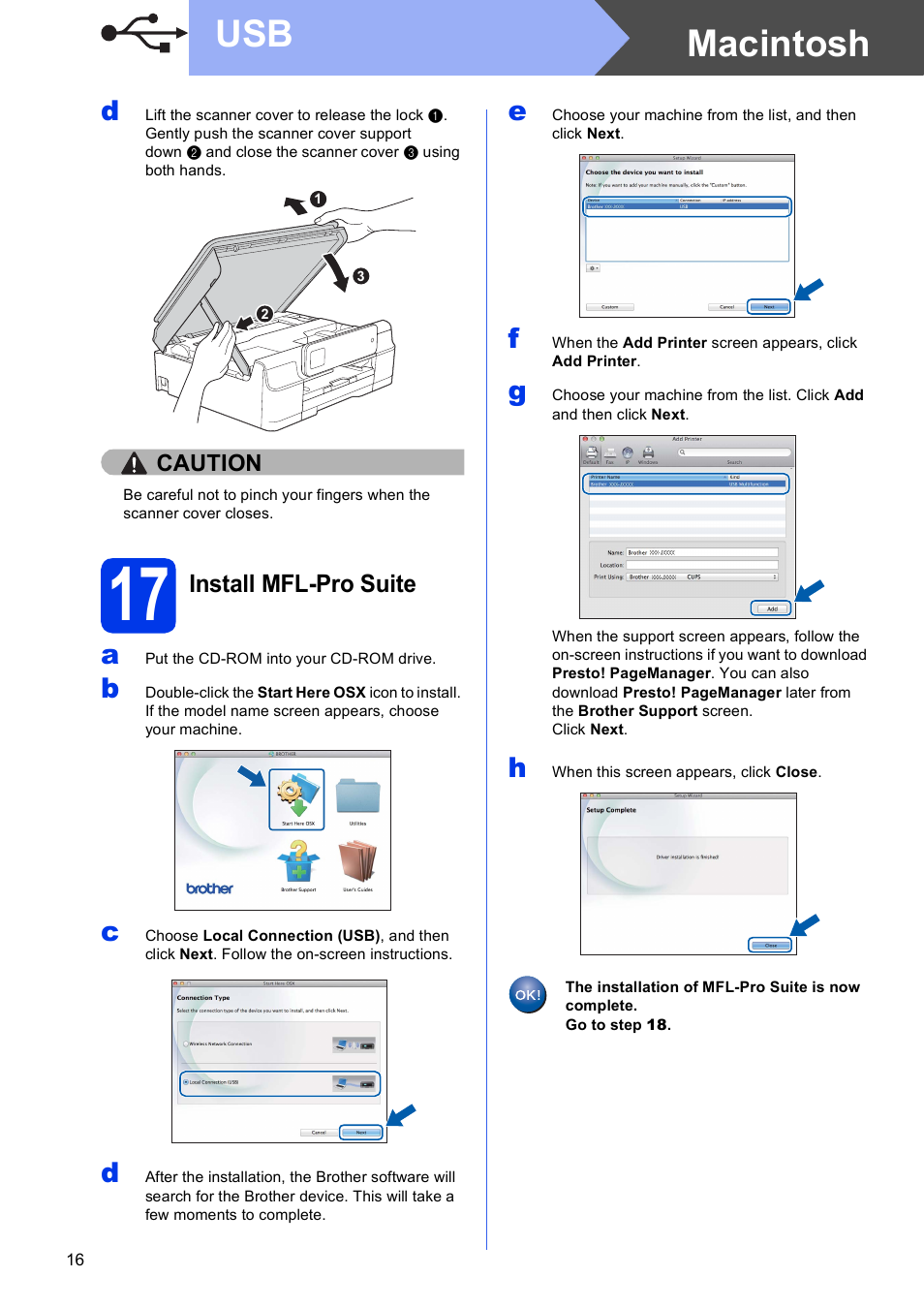 17 install mfl-pro suite, Macintosh usb | Brother MFC-J285DW User Manual | Page 16 / 34