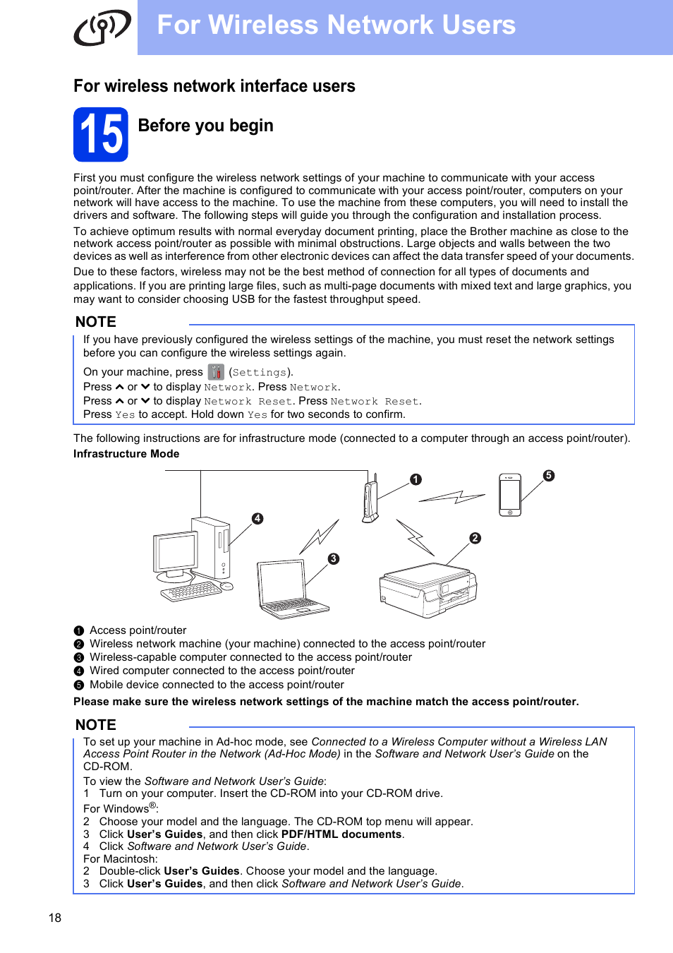 For wireless network interface users, 15 before you begin, For wireless network users | Before you begin | Brother MFC-J285DW User Manual | Page 18 / 34