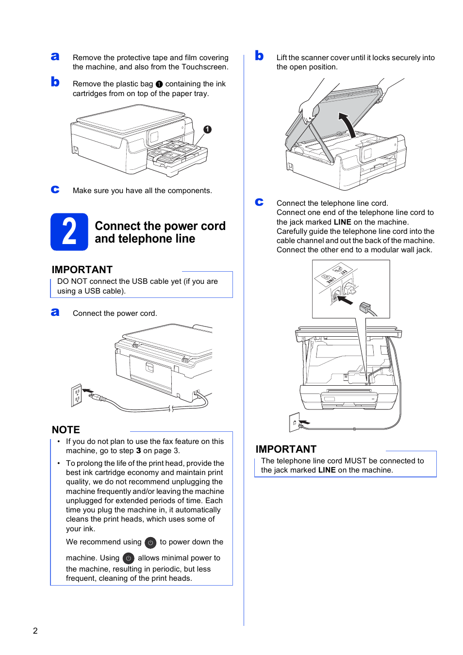 2 connect the power cord and telephone line, Connect the power cord and telephone line | Brother MFC-J285DW User Manual | Page 2 / 34