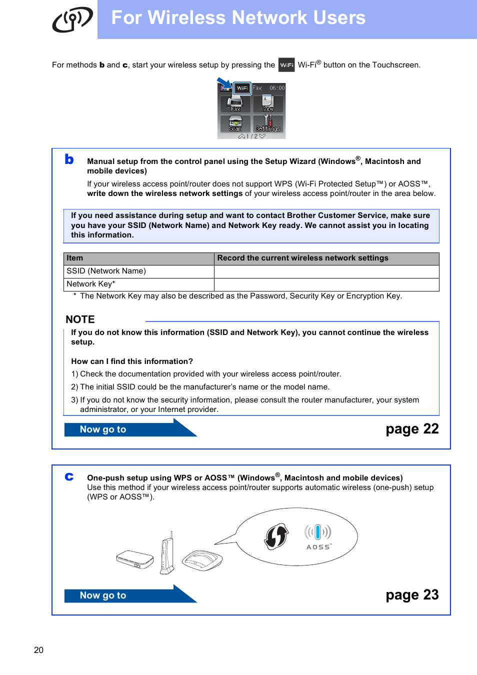 For wireless network users, Page 22 c, Page 23 | Brother MFC-J285DW User Manual | Page 20 / 34