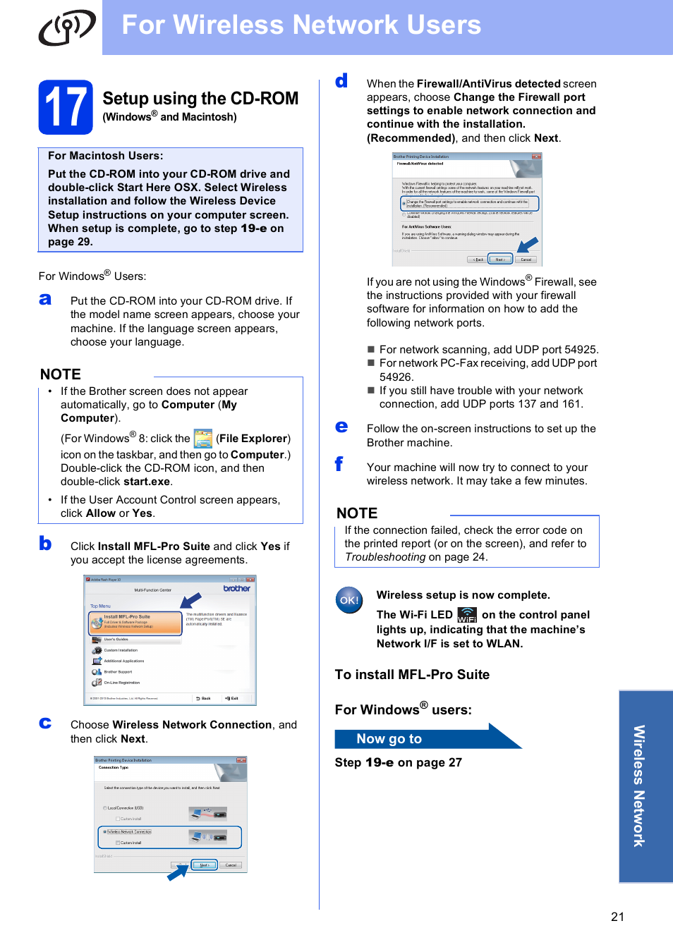 17 setup using the cd-rom (windows® and macintosh), For wireless network users, Setup using the cd-rom | Brother MFC-J285DW User Manual | Page 21 / 34