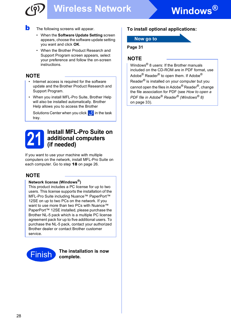 Windows, Wireless network, Finish | Brother MFC-J285DW User Manual | Page 28 / 34