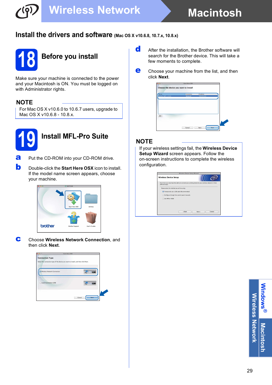 18 before you install, 19 install mfl-pro suite, Macintosh wireless network | Brother MFC-J285DW User Manual | Page 29 / 34