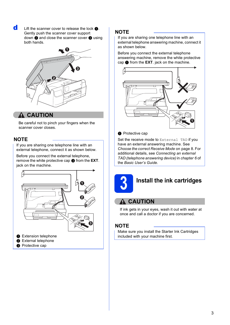 3 install the ink cartridges, Install the ink cartridges, Caution | Brother MFC-J285DW User Manual | Page 3 / 34