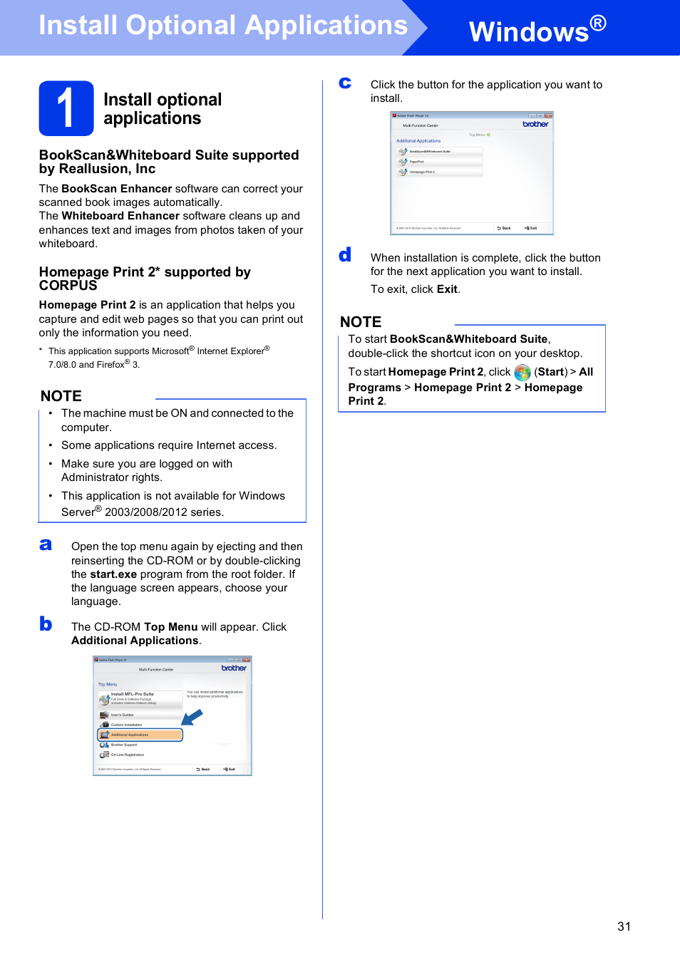 Install optional applications windows, 1 install optional applications, Windows | Install optional applications | Brother MFC-J285DW User Manual | Page 31 / 34