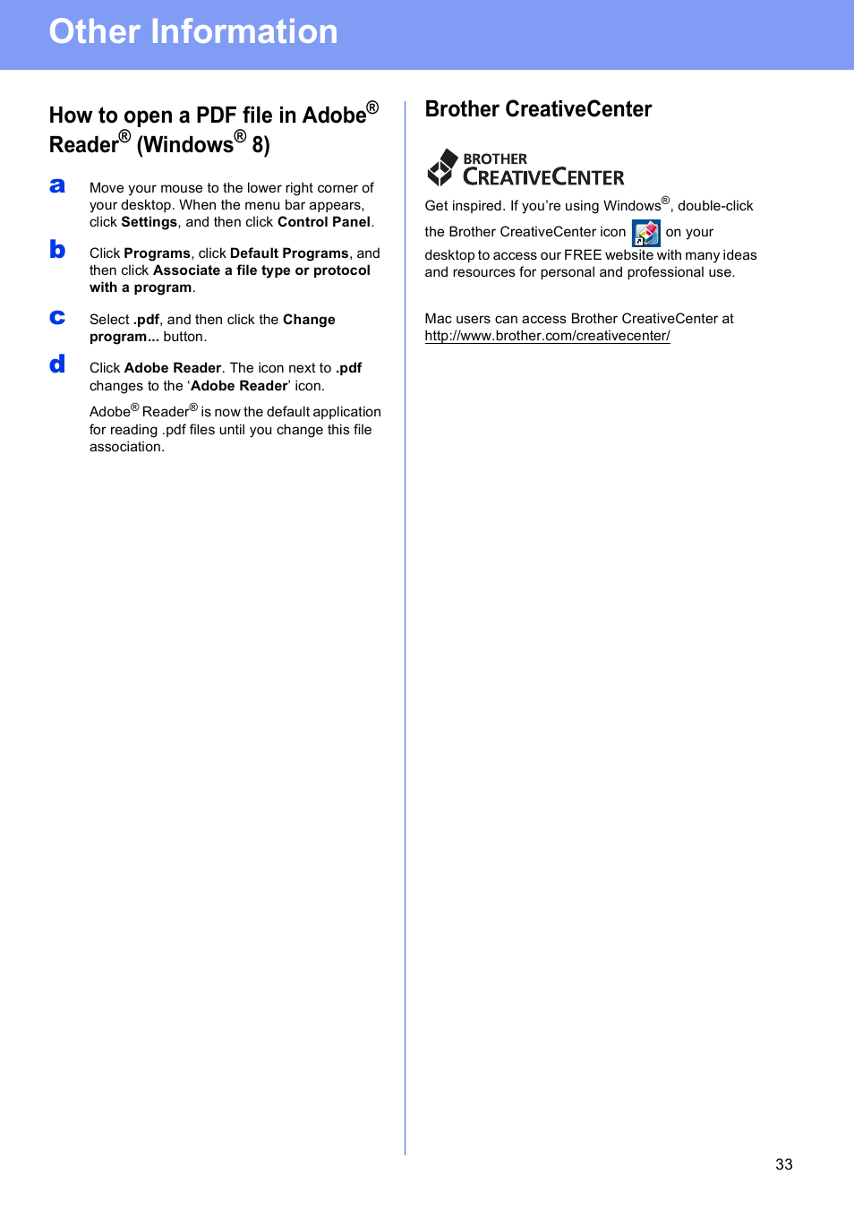 Other information, Brother creativecenter, How to open a pdf file in adobe | Reader, Windows | Brother MFC-J285DW User Manual | Page 33 / 34