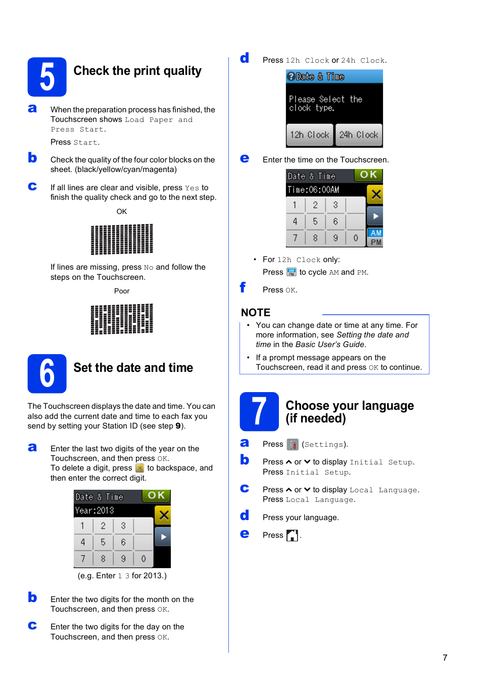 5 check the print quality, 6 set the date and time, 7 choose your language (if needed) | Brother MFC-J285DW User Manual | Page 7 / 34