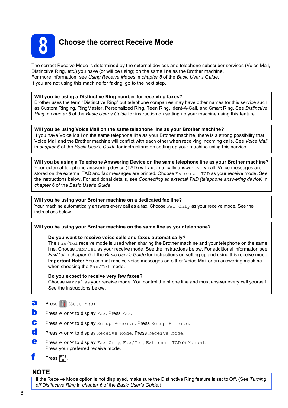 8 choose the correct receive mode, Choose the correct receive mode | Brother MFC-J285DW User Manual | Page 8 / 34