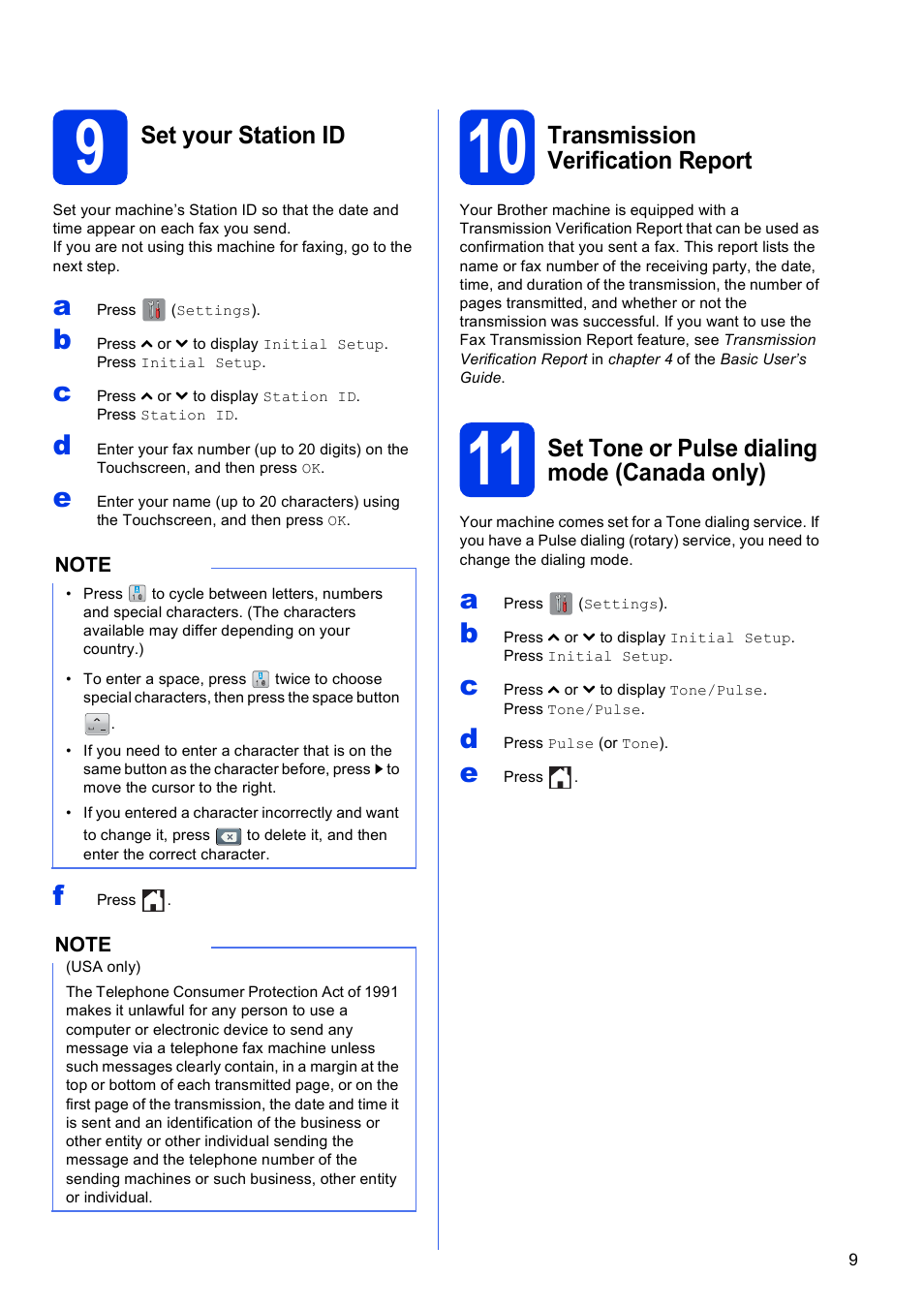 9 set your station id, 10 transmission verification report, 11 set tone or pulse dialing mode (canada only) | Brother MFC-J285DW User Manual | Page 9 / 34