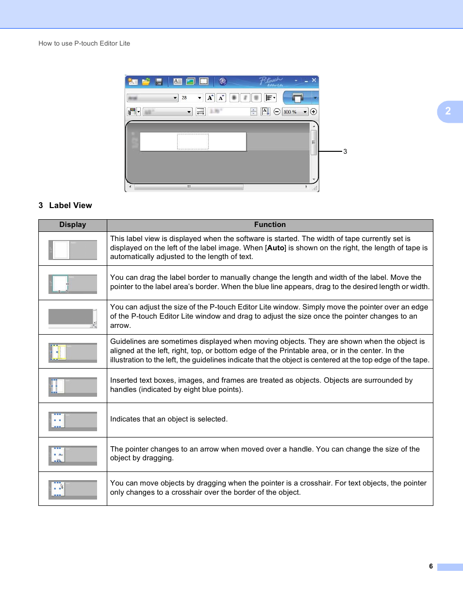 3 label view, Display function, Indicates that an object is selected | Brother PT-P700 User Manual | Page 10 / 49