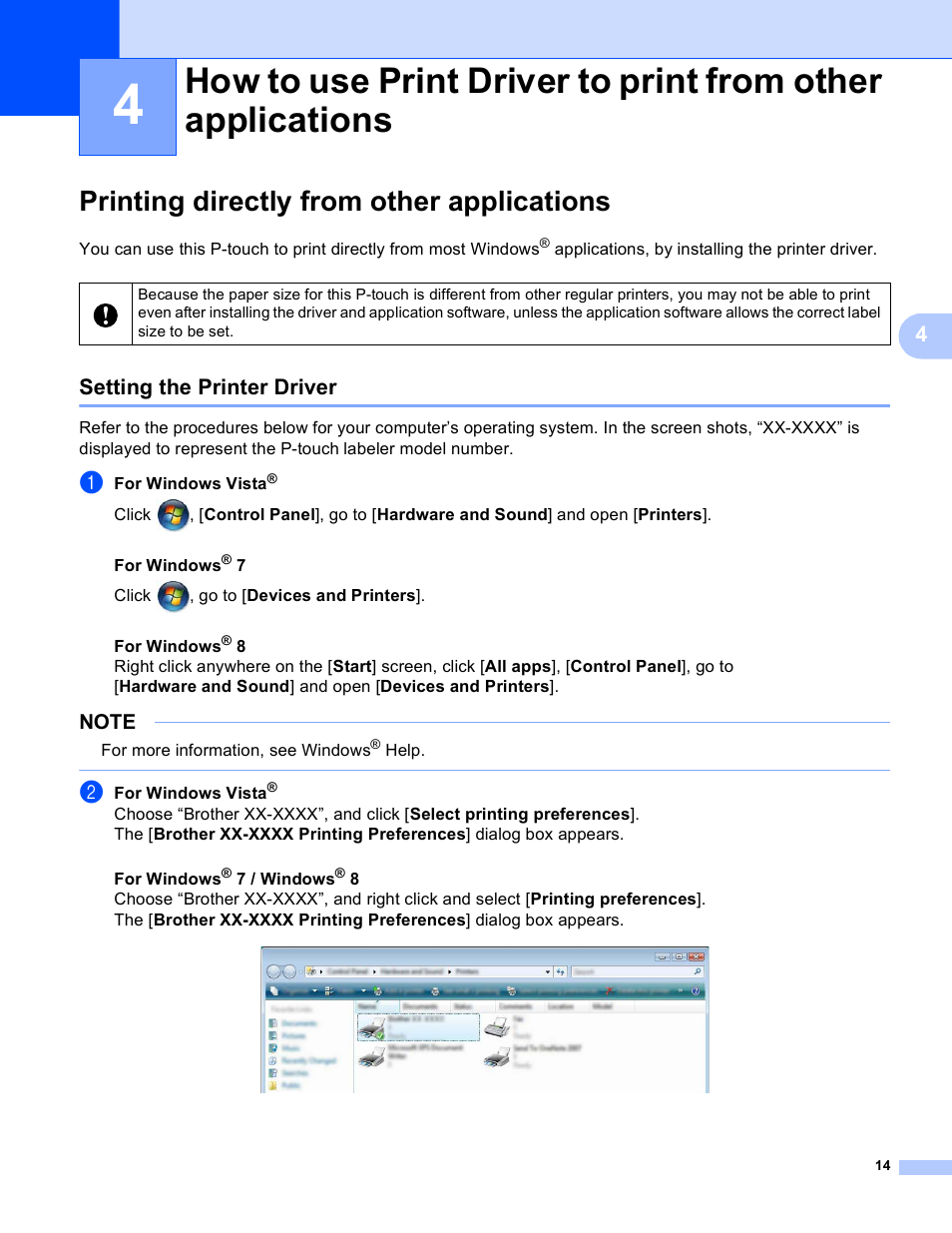 Printing directly from other applications, Setting the printer driver | Brother PT-P700 User Manual | Page 18 / 49
