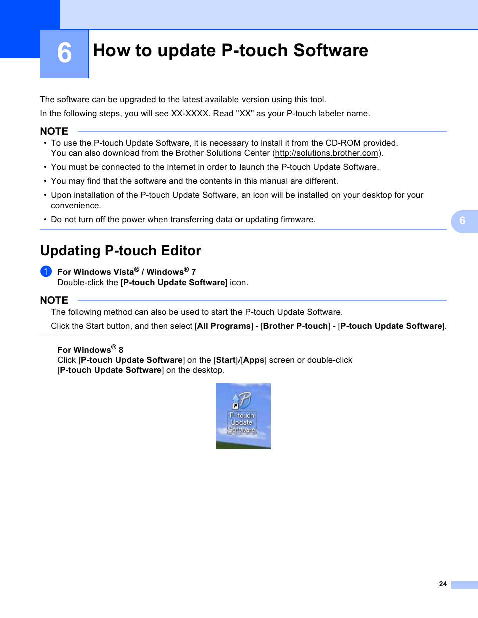6 how to update p-touch software, Updating p-touch editor, How to update p-touch software | Brother PT-P700 User Manual | Page 28 / 49