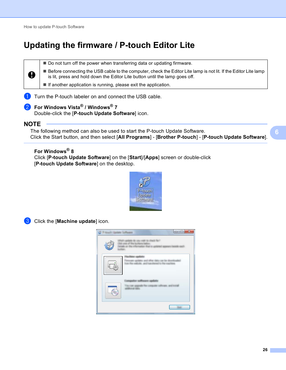 Updating the firmware / p-touch editor lite | Brother PT-P700 User Manual | Page 30 / 49