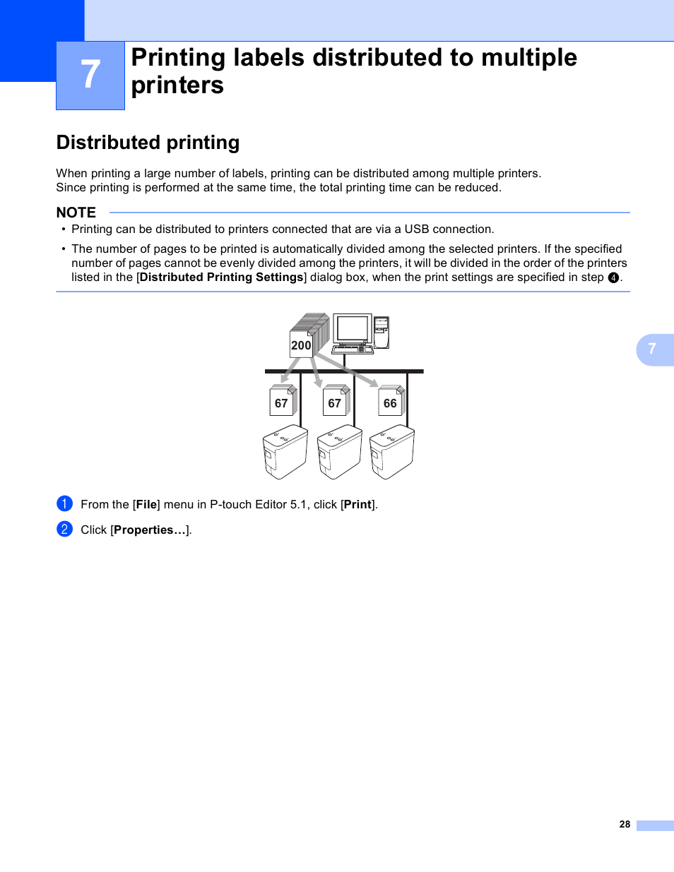 7 printing labels distributed to multiple printers, Distributed printing, Printing labels distributed to multiple printers | Brother PT-P700 User Manual | Page 32 / 49