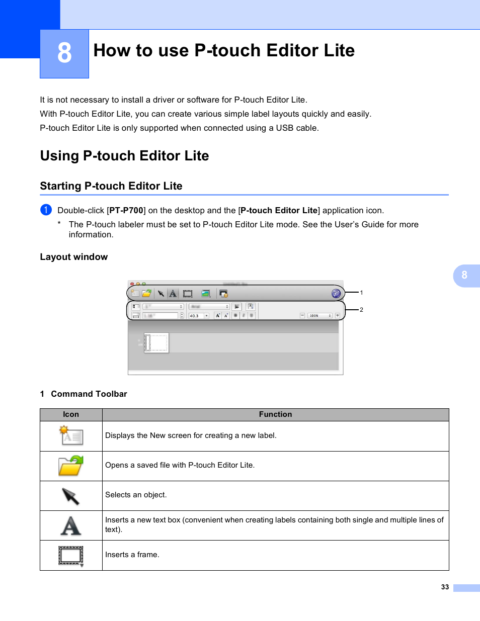8 how to use p-touch editor lite, Using p-touch editor lite, Starting p-touch editor lite | Layout window, How to use p-touch editor lite | Brother PT-P700 User Manual | Page 37 / 49
