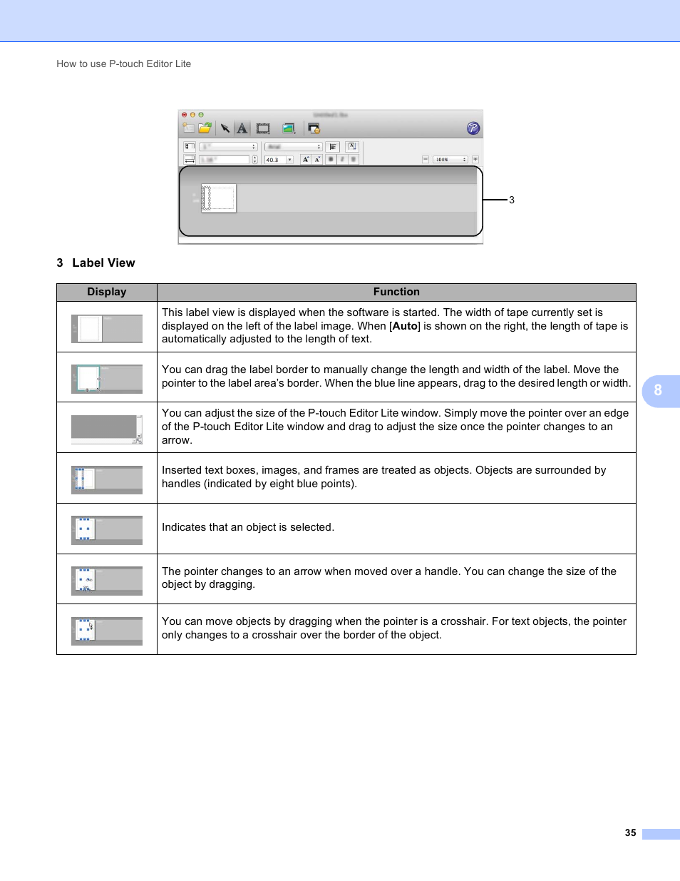 3 label view, Display function, Indicates that an object is selected | Brother PT-P700 User Manual | Page 39 / 49