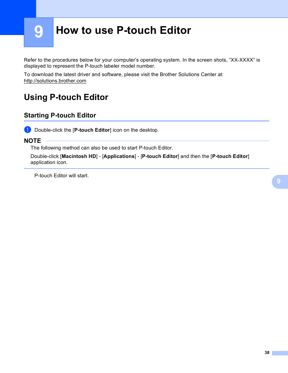 9 how to use p-touch editor, Using p-touch editor, Starting p-touch editor | How to use p-touch editor | Brother PT-P700 User Manual | Page 42 / 49