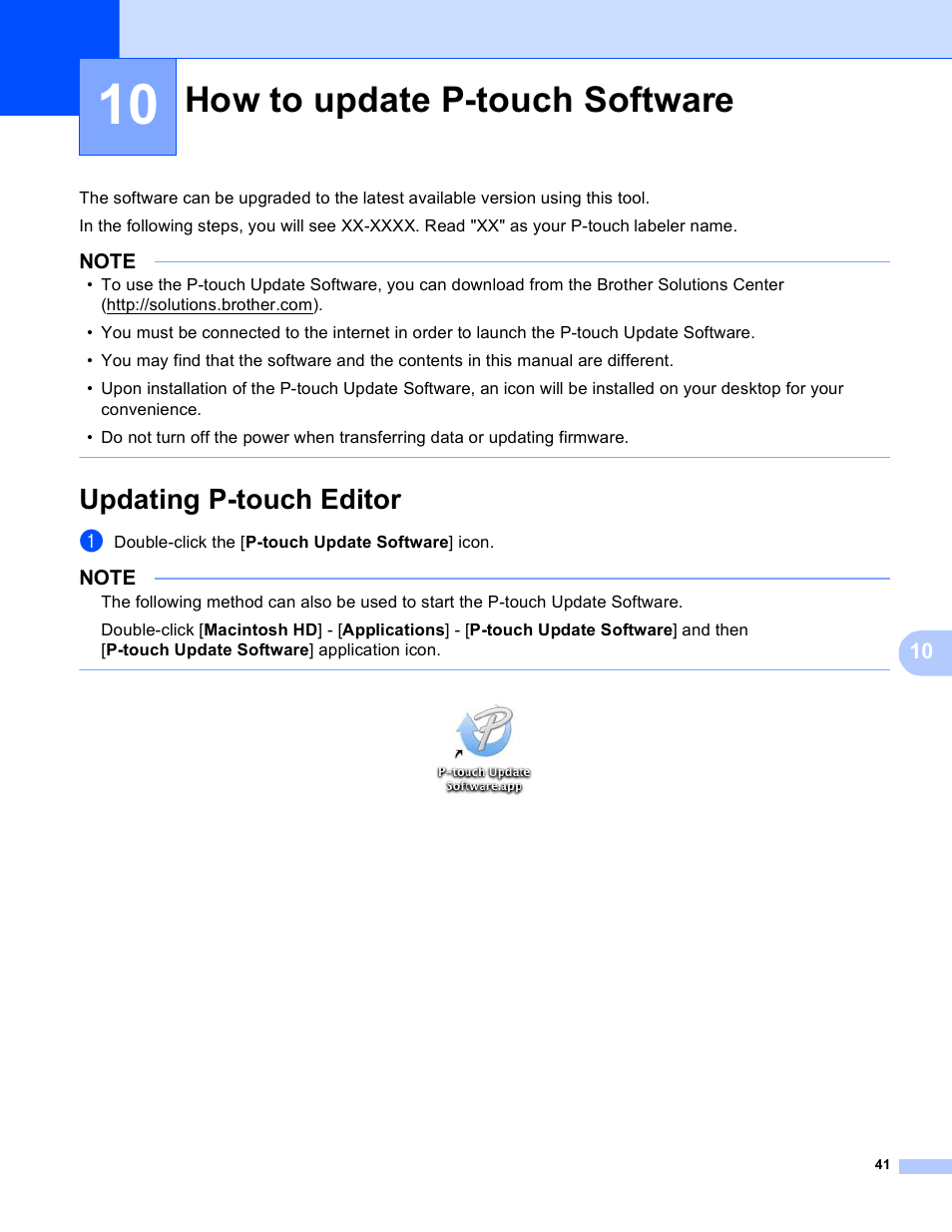10 how to update p-touch software, Updating p-touch editor, How to update p-touch software | Brother PT-P700 User Manual | Page 45 / 49