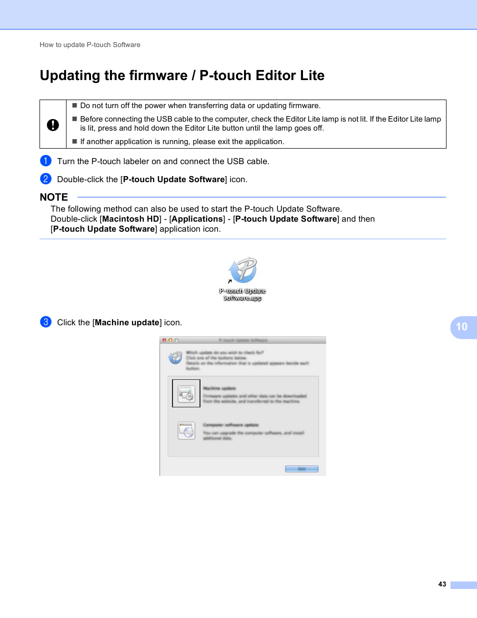 Updating the firmware / p-touch editor lite | Brother PT-P700 User Manual | Page 47 / 49