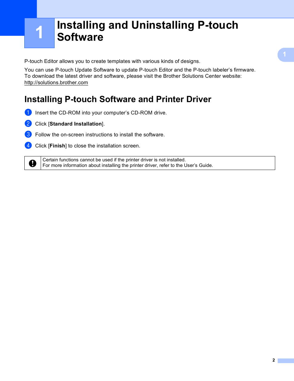 1 installing and uninstalling p-touch software, Installing p-touch software and printer driver, Installing and uninstalling p-touch software | Brother PT-P700 User Manual | Page 6 / 49