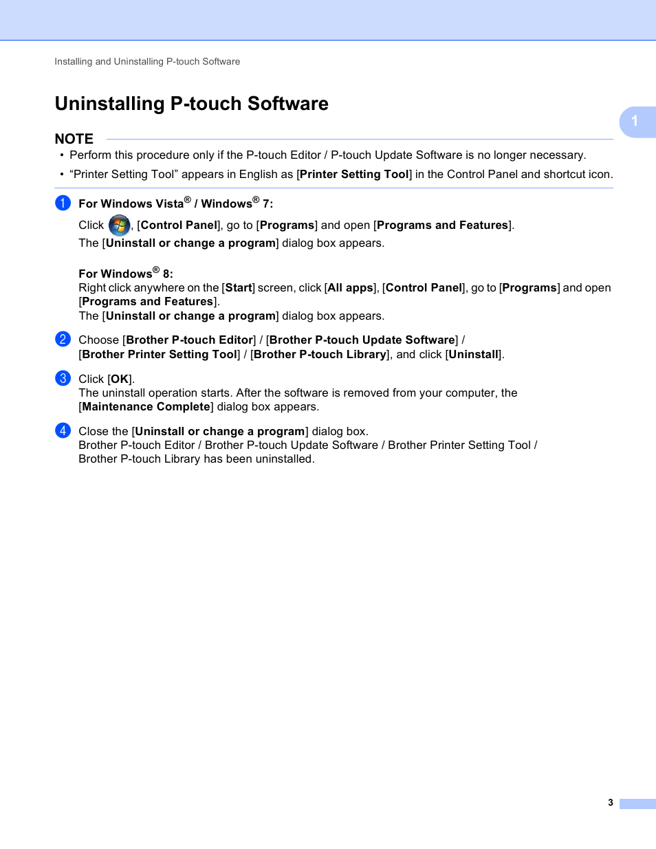 Uninstalling p-touch software | Brother PT-P700 User Manual | Page 7 / 49