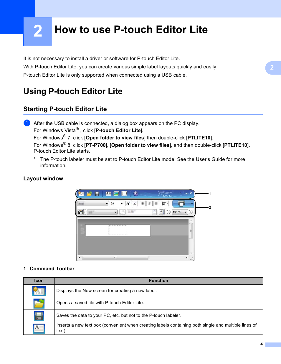 2 how to use p-touch editor lite, Using p-touch editor lite, Starting p-touch editor lite | Layout window, How to use p-touch editor lite | Brother PT-P700 User Manual | Page 8 / 49