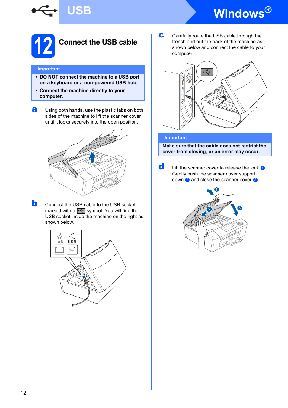 12 connect the usb cable, Windows, Connect the usb cable | Brother DCP-585CW User Manual | Page 12 / 43