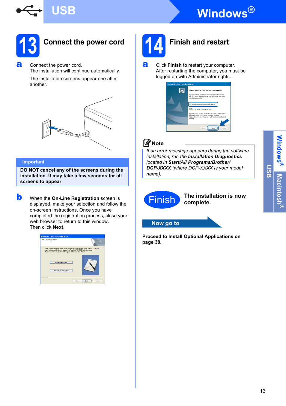 13 connect the power cord, 14 finish and restart, Windows | Finish | Brother DCP-585CW User Manual | Page 13 / 43