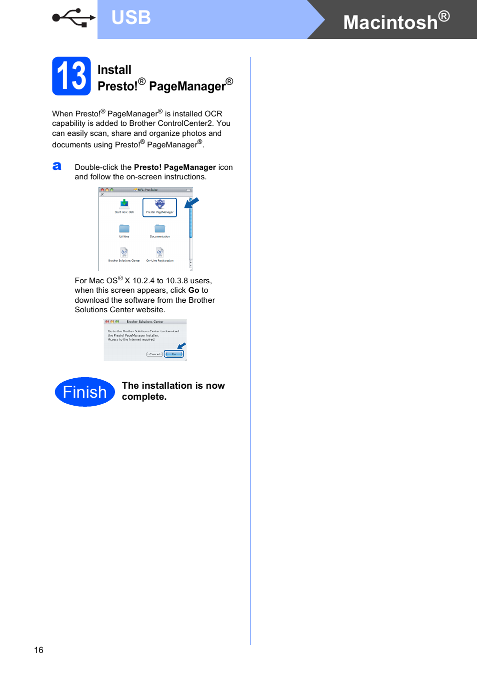 13 on, Macintosh, Finish | Install presto, Pagemanager | Brother DCP-585CW User Manual | Page 16 / 43