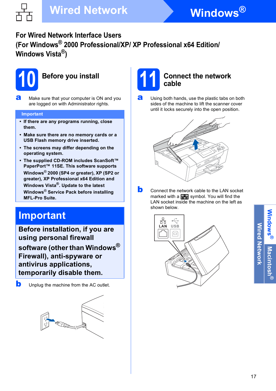 10 before you install, 11 connect the network cable, Windows | Wired network, Important | Brother DCP-585CW User Manual | Page 17 / 43