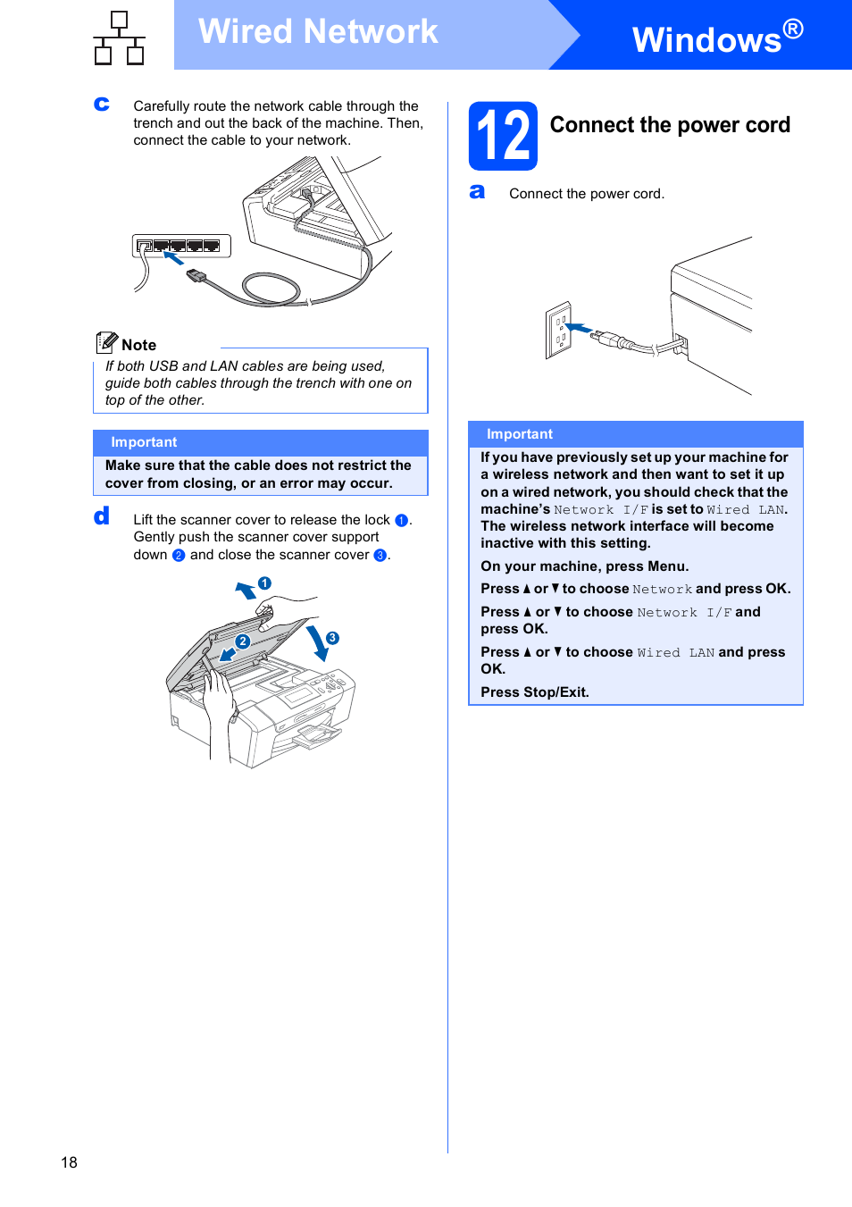 12 connect the power cord, Windows, Wired network | Connect the power cord | Brother DCP-585CW User Manual | Page 18 / 43