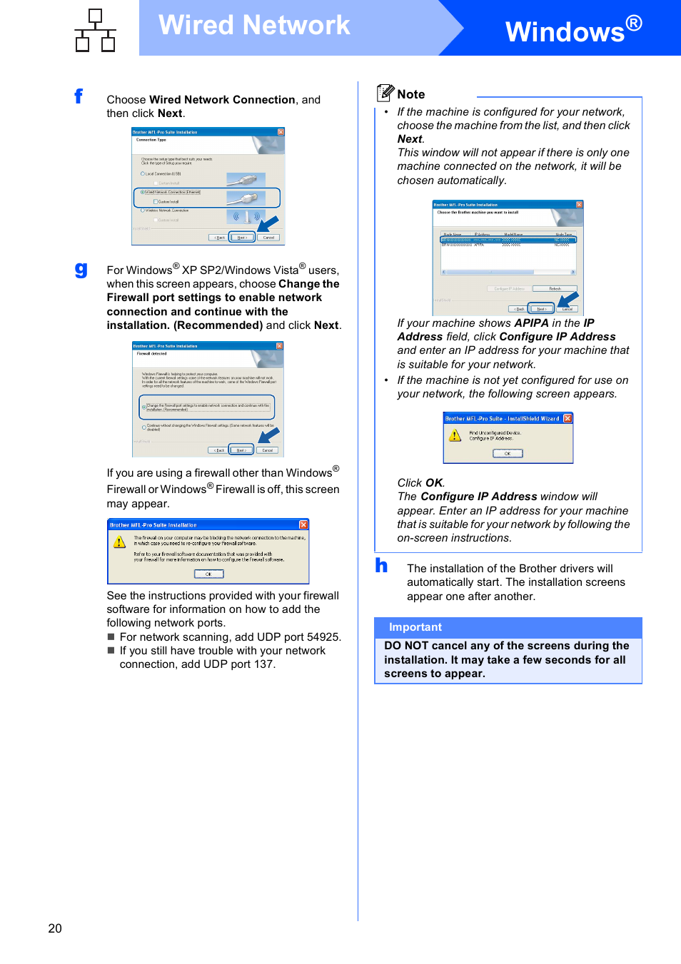 Windows, Wired network | Brother DCP-585CW User Manual | Page 20 / 43