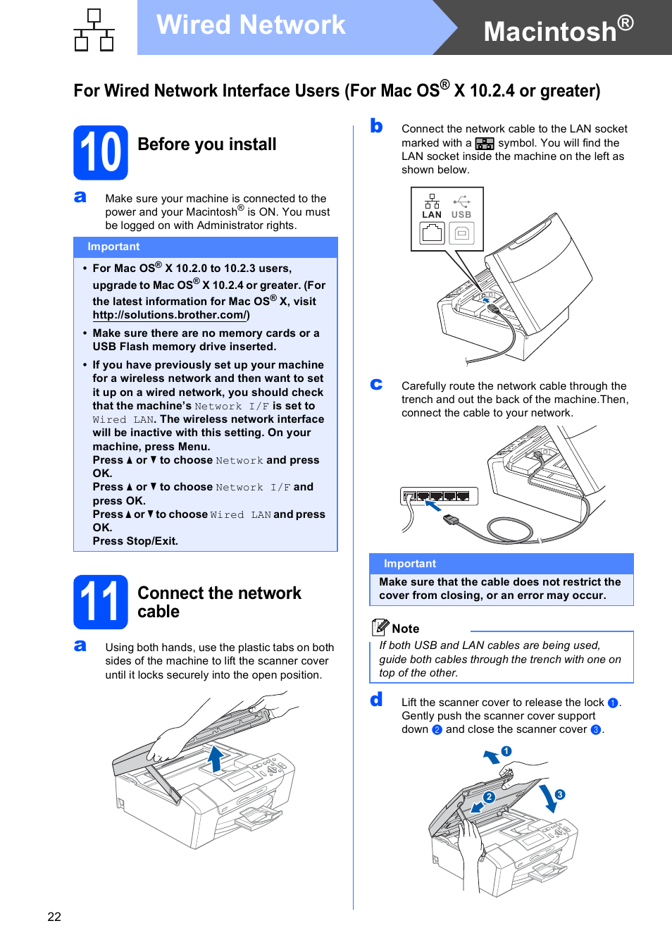 10 before you install, 11 connect the network cable, Macintosh | Wired network, For wired network interface users (for mac os, X 10.2.4 or greater), Before you install, Connect the network cable | Brother DCP-585CW User Manual | Page 22 / 43
