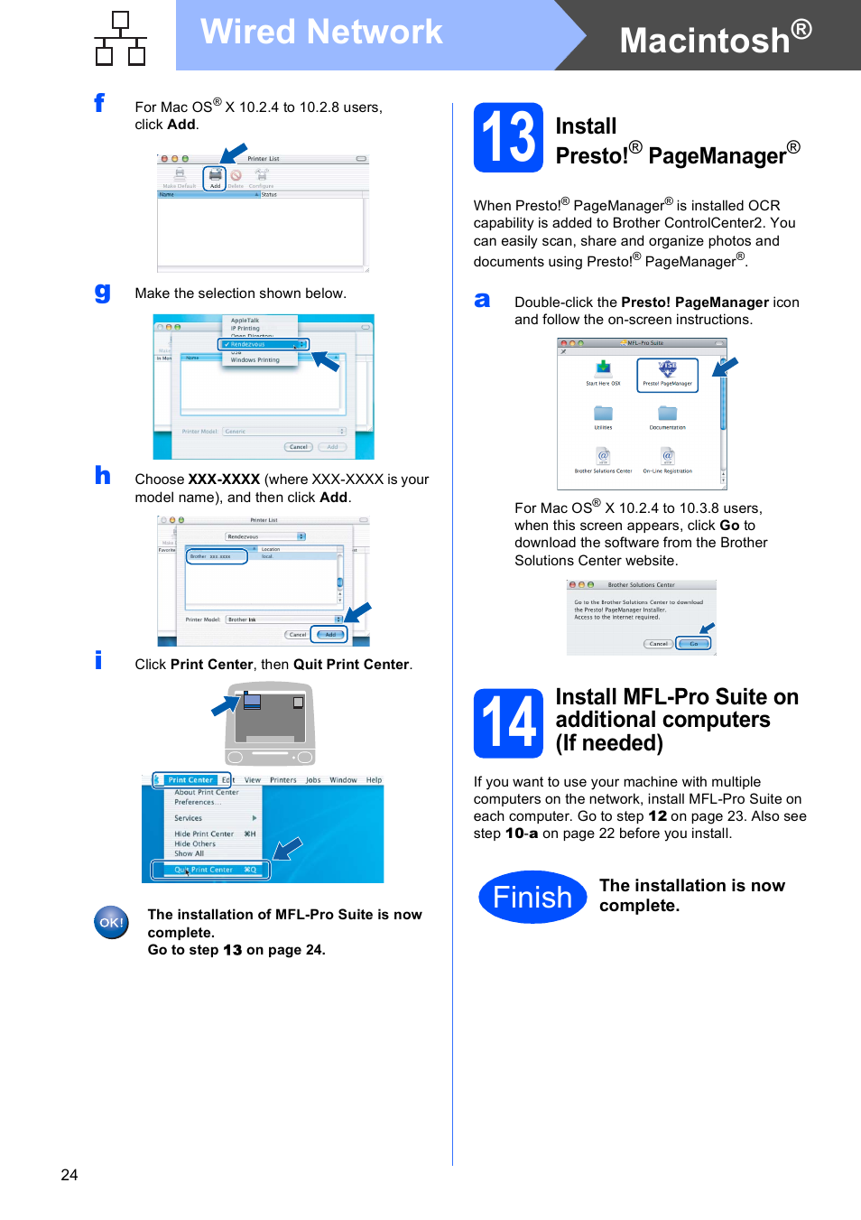 13 on, Macintosh, Wired network | Finish, Install presto, Pagemanager | Brother DCP-585CW User Manual | Page 24 / 43