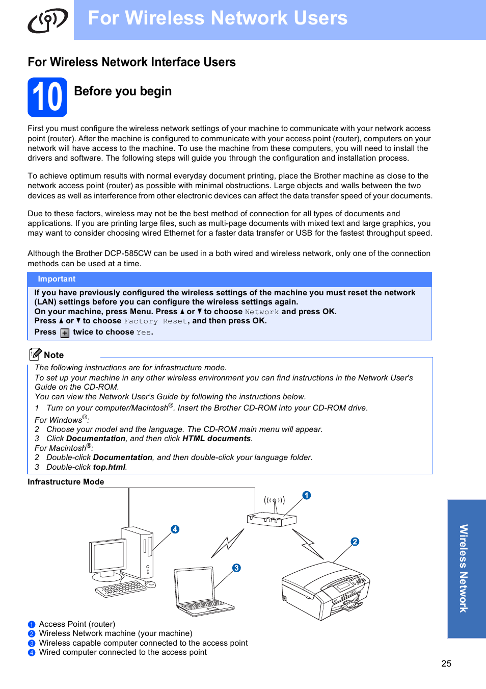 For wireless network interface users, 10 before you begin, For wireless network users | Before you begin | Brother DCP-585CW User Manual | Page 25 / 43
