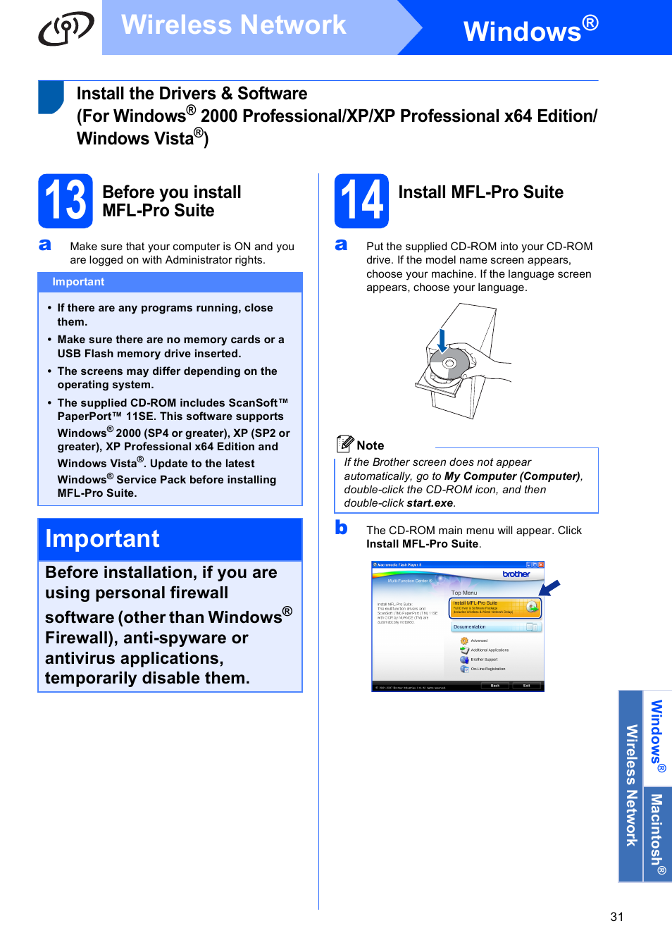 13 before you install mfl-pro suite, 14 install mfl-pro suite, Windows | Wireless network, Important | Brother DCP-585CW User Manual | Page 31 / 43