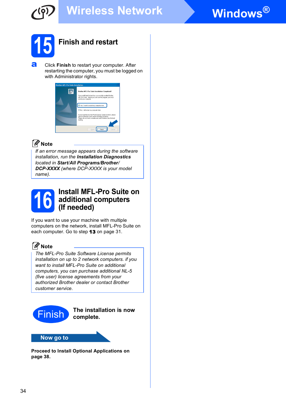 15 finish and restart, Windows, Wireless network | Finish | Brother DCP-585CW User Manual | Page 34 / 43