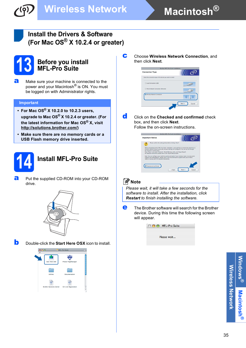13 before you install mfl-pro suite, 14 install mfl-pro suite, Macintosh | Wireless network, Install the drivers & software (for mac os, X 10.2.4 or greater), Before you install mfl-pro suite, Install mfl-pro suite | Brother DCP-585CW User Manual | Page 35 / 43