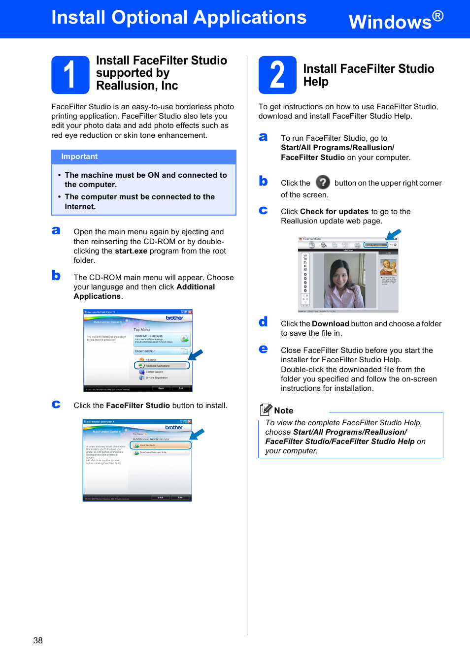 Install optional applications windows, 2 install facefilter studio help, Windows | Install optional applications | Brother DCP-585CW User Manual | Page 38 / 43
