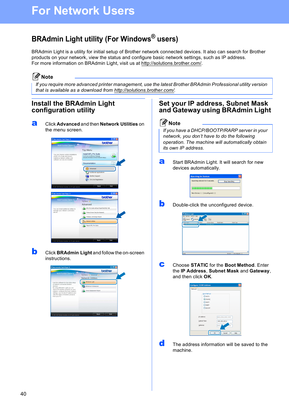 For network users, Bradmin light utility (for windows® users), Install the bradmin light configuration utility | Bradmin light utility (for windows, Users) | Brother DCP-585CW User Manual | Page 40 / 43