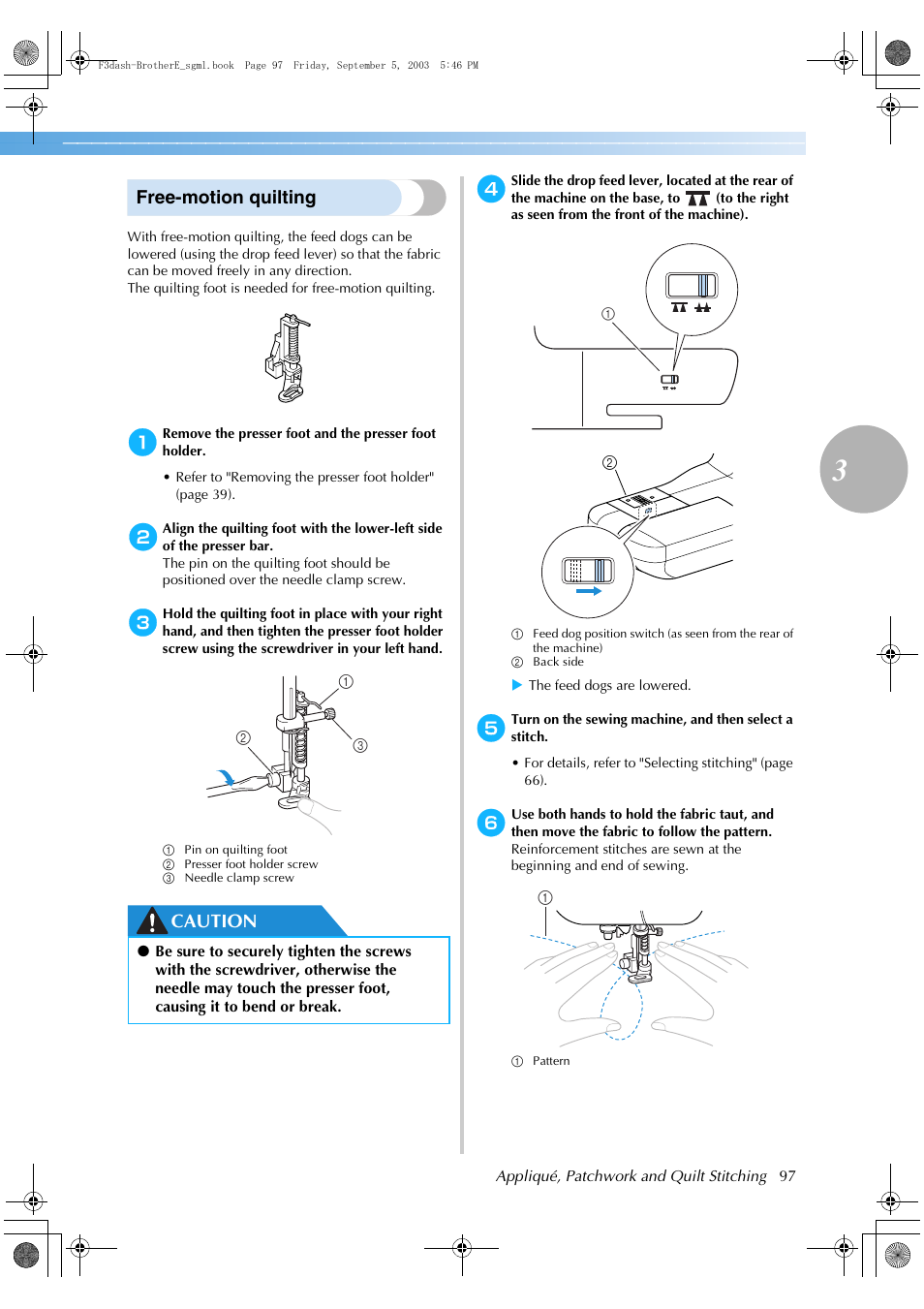 Free-motion quilting, Caution | Brother NX 600 User Manual | Page 103 / 160