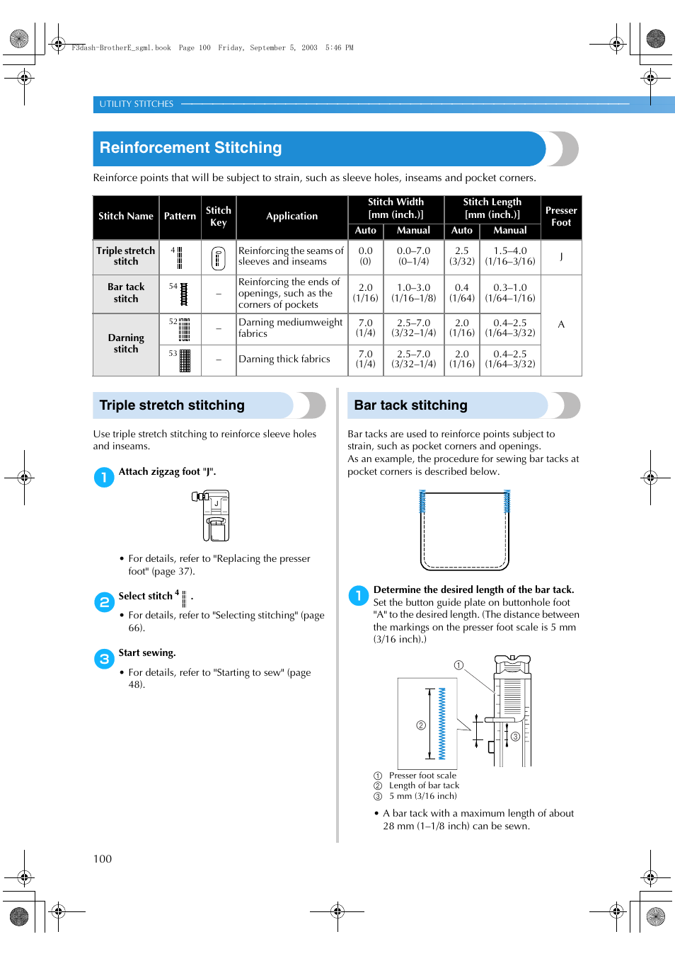 Reinforcement stitching, Triple stretch stitching, Bar tack stitching | Brother NX 600 User Manual | Page 106 / 160