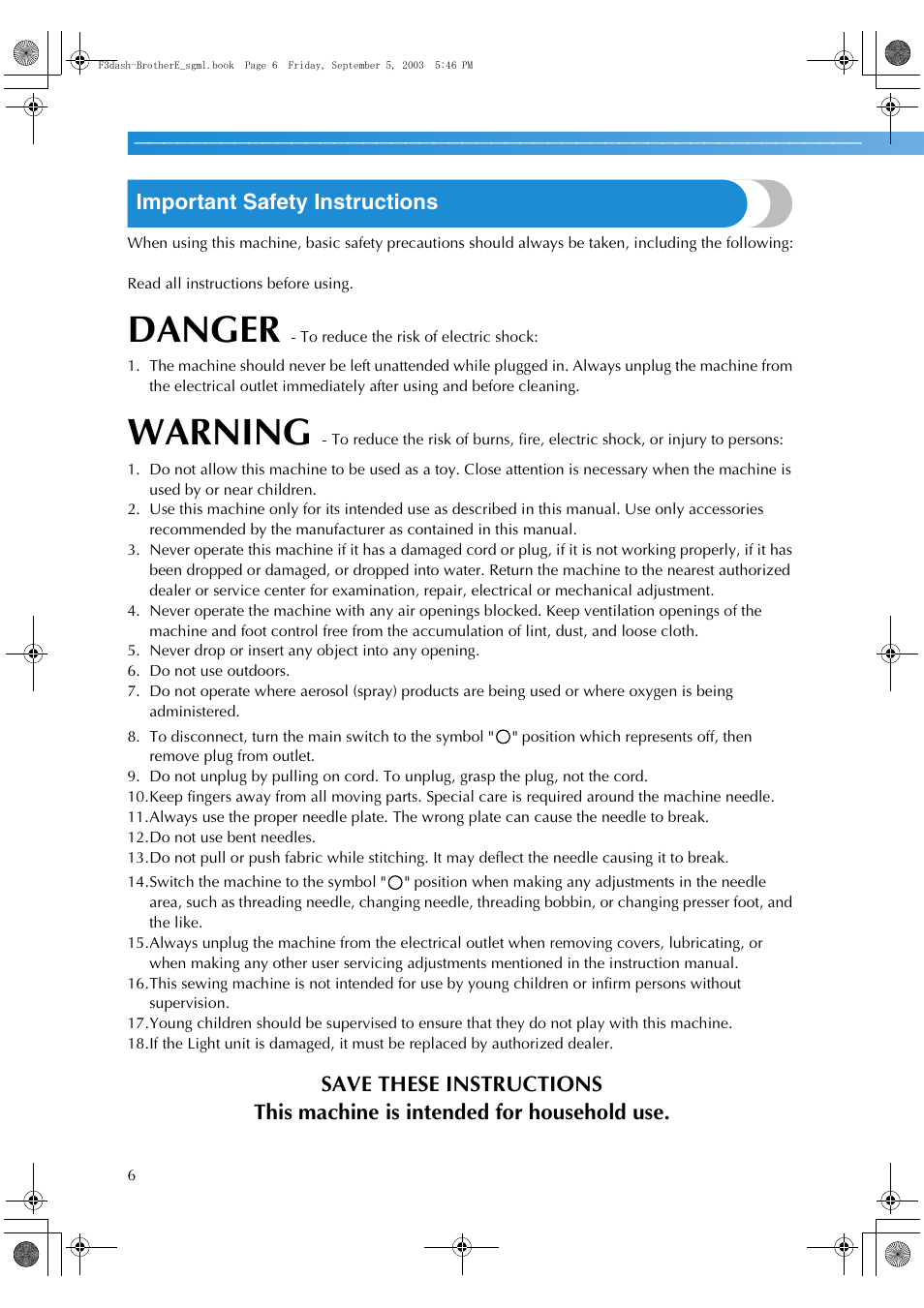 Danger, Warning, Important safety instructions | Brother NX 600 User Manual | Page 12 / 160