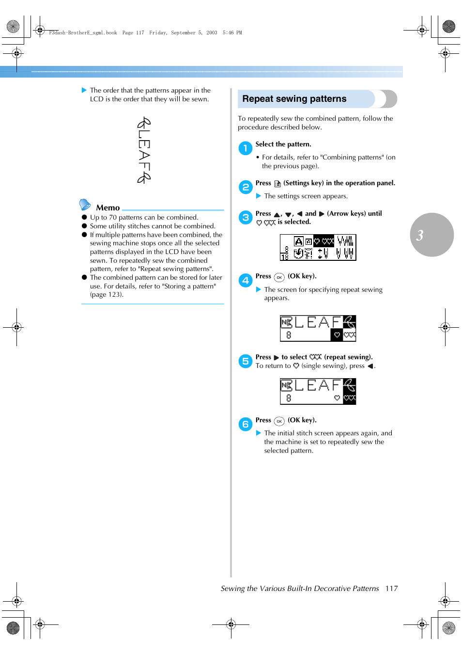 Repeat sewing patterns | Brother NX 600 User Manual | Page 123 / 160