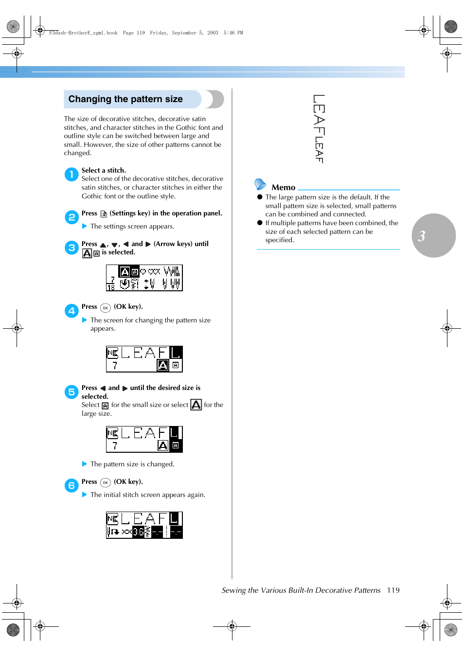 Changing the pattern size | Brother NX 600 User Manual | Page 125 / 160