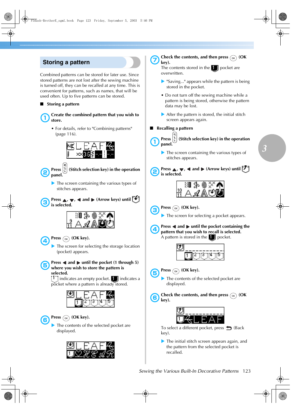 Storing a pattern | Brother NX 600 User Manual | Page 129 / 160