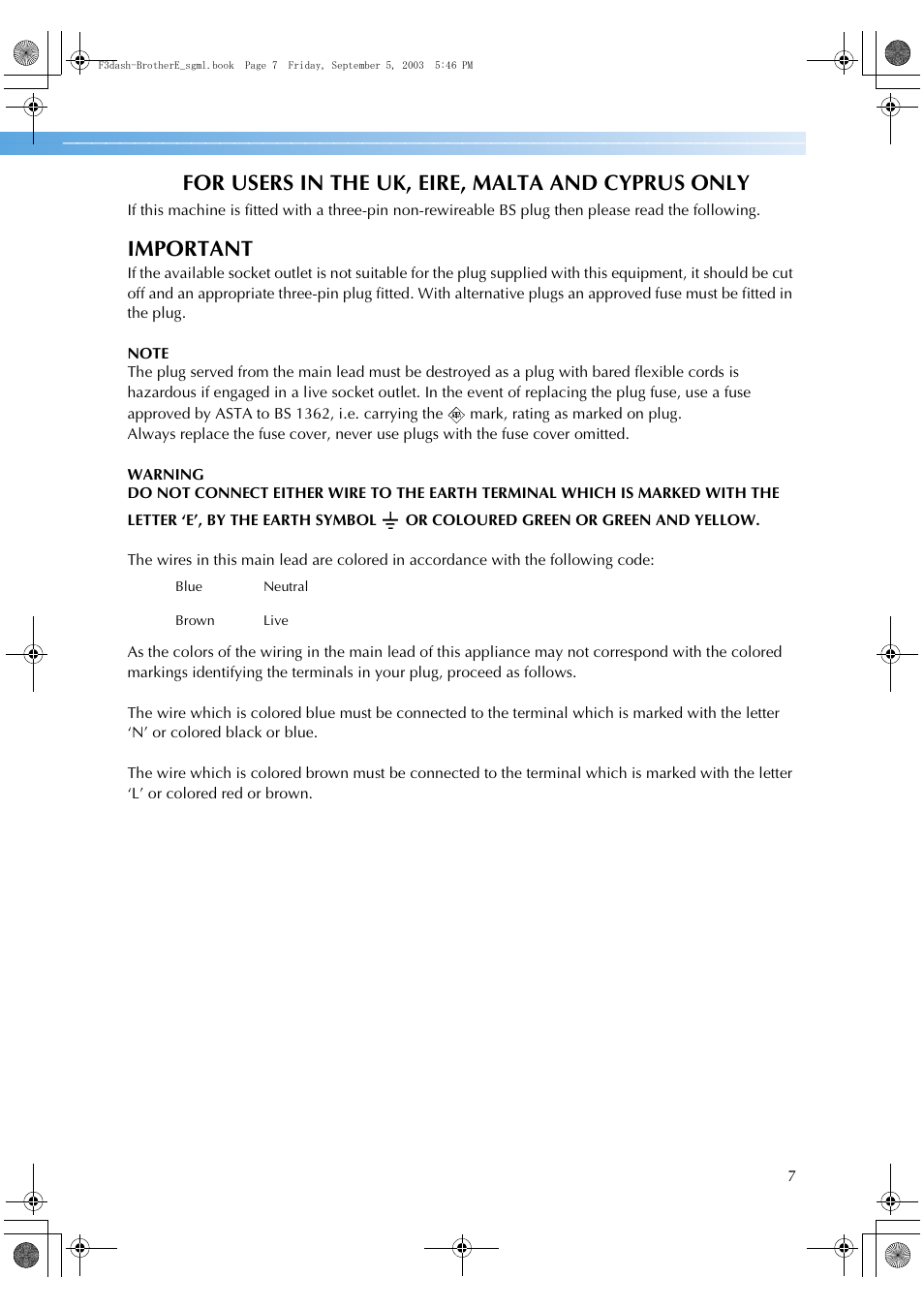 For users in the uk, eire, malta and cyprus only, Important | Brother NX 600 User Manual | Page 13 / 160