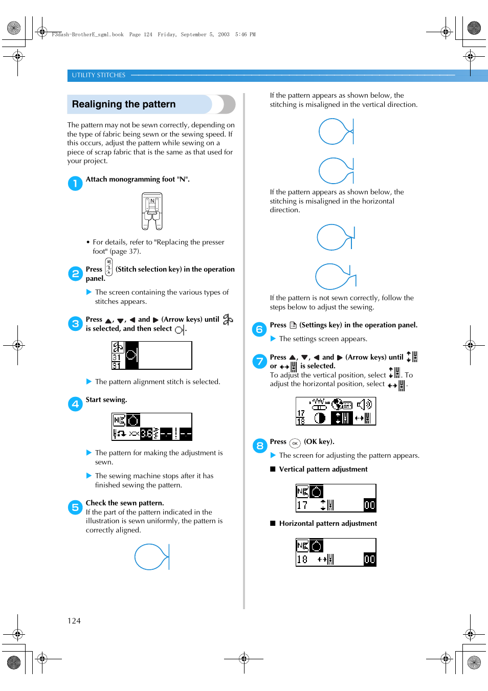 Realigning the pattern | Brother NX 600 User Manual | Page 130 / 160